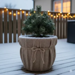 Kompakt wachsende Zwergkiefer, eine winterharte gartenpflanze im topf, isoliert mit Jute als Winterschutz.