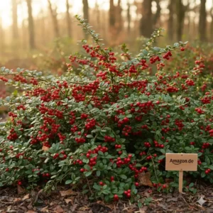 Immergrüne Bodendecker Pflanzen Amazon: Zwergmispel (Cotoneaster dammeri) mit roten Beeren für Farbtupfer im Winter.