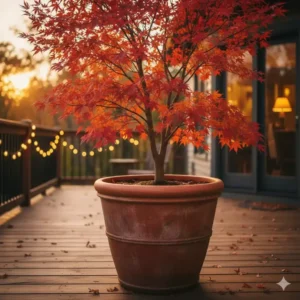 Roter Fächerahorn mit Herbstfärbung als winterharte gartenpflanze im topf auf der Terrasse.