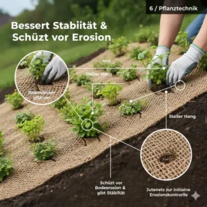 Pflanztechnik mit Jutenetz: Bodendecker pflanzen für hanglage zur initialen Erosionskontrolle und besseren Stabilität.