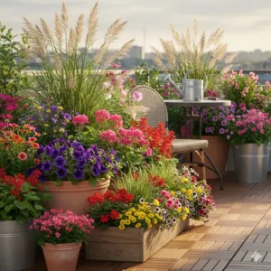 Kombination von Blumen und Ziergräser für Balkon und Terrasse zur Gestaltung.