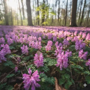 Blühender Hohler Lerchensporn (Corydalis cava), ein zeitiger der blühende bodendecker für schatten.