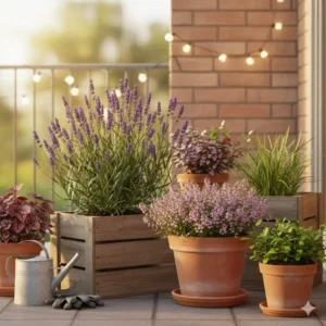 Arrangement of potted plants, highlighting the use of winterharte stauden für kleinen garten even on terraces and balconies.