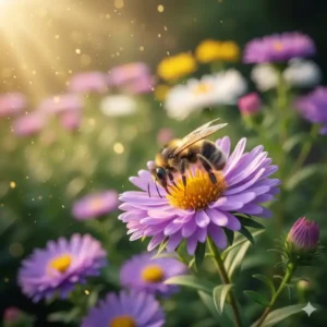 A bee landing on a flower, illustrating the biodiversity provided by winterharte stauden für kleinen garten.