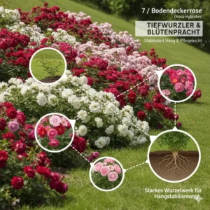 Eine blühende Bodendeckerrose als Bodendecker pflanzen für hanglage, bekannt für tiefe Wurzeln und Blütenpracht.