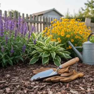 Gärtnerhandschuhe neben pflegeleichte winterharte gartenpflanzen, symbolisierend wenig Arbeit.