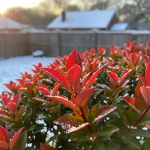 Glanzmispel (Photinia) mit leuchtend roten Trieben, eine farbige Sorte der winterharte immergrüne gartenpflanzen.