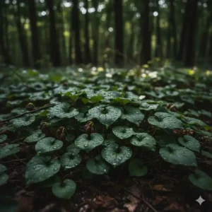 Die glänzenden Blätter der Haselwurz (Asarum europaeum), ein dichter der blühende bodendecker für schatten mit unscheinbaren Blüten.