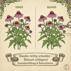 Darstellung des richtigen Rückschnitts, um die Blütezeit von Stauden die lange blühen zu verlängern (Remontieren) und ein gesundes Wachstum zu fördern.