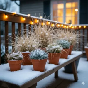 Verschiedene Ziergräser wie Blauschwingel als winterharte gartenpflanze im topf für einen winterlichen Blickfang.