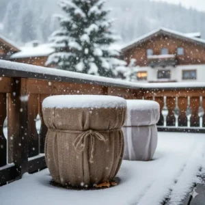 Kübelpflanzen mit Winterschutzvlies eingepackt, um winterharte balkonpflanzen für minusgrade zusätzlich zu isolieren