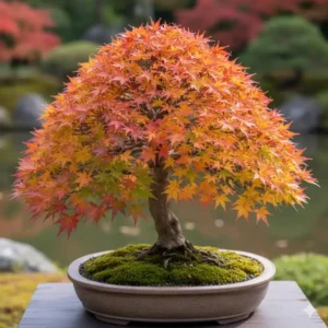 Japanische Gartenpflanzen für Bonsai: Leuchtend rotes Herbstlaub eines Fächerahorns (Acer palmatum) als Beispiel.