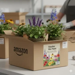 Ready-to-ship Stauden Mix Paket from Amazon, showing healthy perennial plants securely packaged for safe delivery.