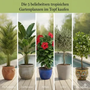 Die 5 beliebtesten Arten, wenn Sie tropische gartenpflanzen im topf kaufen: Fächerpalme, Zierbanane, Hibiskus, Olive und Citrusbaum.