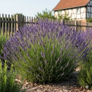 Echter Lavendel (Lavandula angustifolia) als winterharte mediterrane gartenpflanzen für deutschland im Beet.