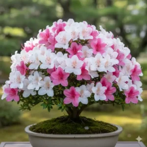 Japanische Gartenpflanzen für Bonsai: Nahaufnahme der Blüten einer Satsuki Azalee, eine beliebte Blühpflanze.