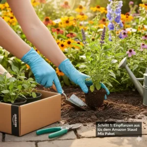 Step-by-step illustration of planting one perennial from the Stauden Mix Paket to easily create a new garden.