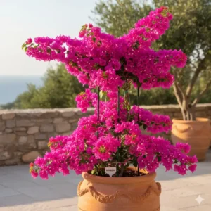 Eine leuchtend pinke Bougainvillea als wunderschöne exotische kübelpflanzen amazon, ideal für Balkon und Terrasse.