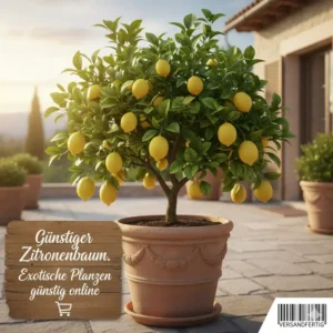 Exotische Gartenpflanzen günstig online: Zitronenbaum (Citrus limon) als Kübelpflanze mit reifen Früchten.