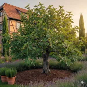 Großer, winterharter Feigenbaum (Ficus carica) als beliebte mediterrane gartenpflanzen für deutschland in Hausnähe.