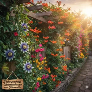 Gartenpflanzen aus Südamerika kaufen als farbenprächtige Kletterpflanzen: Passionsblume und Trompetenblume für Pergolen.