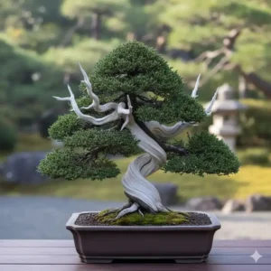 Japanische Gartenpflanzen für Bonsai: Shimpaku Wacholder mit Totholz (Jin und Shari) im klassischen japanischen Stil.