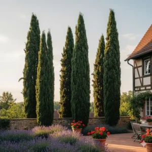 Schmale Mittelmeer-Zypressen in Säulenform, klassische mediterrane gartenpflanzen für deutschland zur Strukturierung des Außenbereichs.