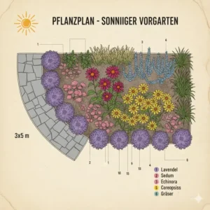 Beispiel Pflanzplan mit verschiedenen stauden für sonnigen vorgarten-Sorten