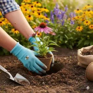 Schritt-für-Schritt-Anleitung: Hände, die eine bienenfreundliche Staude in vorbereitete Gartenerde pflanzen.
