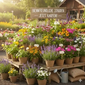 Verschiedene bienenfreundliche Stauden in Pflanztöpfen im Gartencenter, bereit zum Kaufen.