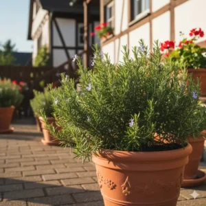 Rosmarin als duftende Kübelpflanze, eine pflegeleichte Variante der mediterrane gartenpflanzen für deutschland auf der Terrasse.