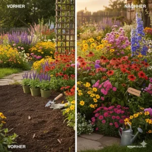 Visual comparison of a garden bed before and after planting the perennial mix package (Stauden Mix Paket) for impressive results.