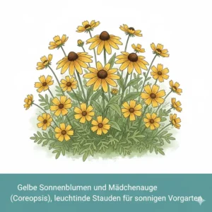 Gelbe Sonnenblumen und Coreopsis, leuchtende stauden für sonnigen vorgarten