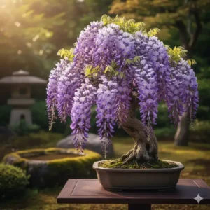 Japanische Gartenpflanzen für Bonsai: Hängende lila Blüten der Fuji-Glyzinie (Wisteria floribunda) in einem Topf.