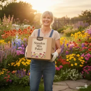 Satisfied customer holding the delivered Stauden Mix Paket box, emphasizing the convenience of buying perennial plants on Amazon.