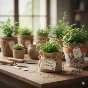 Eine Pflanze im Jutebeutel ist eine besondere gartenpflanze für geschenke mit nachhaltiger und dekorativer Verpackung.