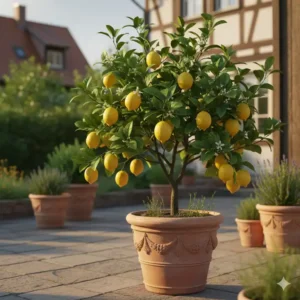 Ein Zitronenbaum mit reifen Früchten im Kübel, ein klassisches Beispiel für mediterrane gartenpflanzen für deutschland.