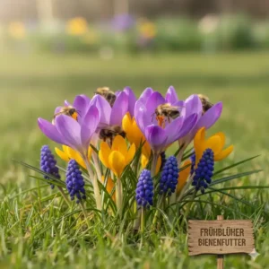 Krokusse und Traubenhyazinthen, wichtige Frühlingsblumen aus der bienenfreundliche gartenpflanzen liste.