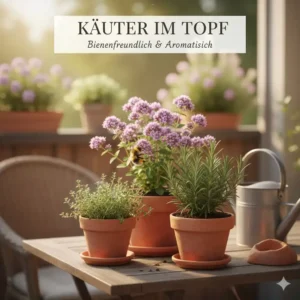Verschiedene Küchenkräuter wie Thymian und Salbei als bienenfreundliche balkonpflanzen im topf.