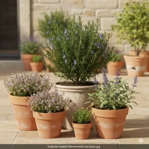 Mediterrane Kräuter wie Salbei und Thymian sind perfekte bienenfreundliche kübelpflanzen für terrasse.