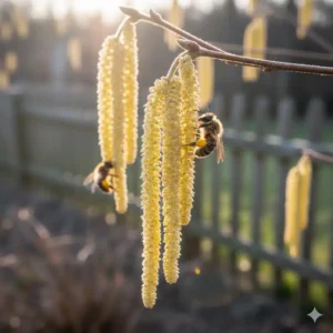 Haselnusssträucher sind wertvolle bienenfreundliche sträucher für garten zur Pollengewinnung.