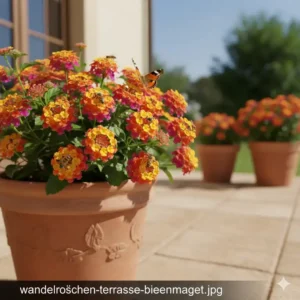 Farbenfrohe Wandelröschen dienen als bienenfreundliche kübelpflanzen für terrasse für Insekten.