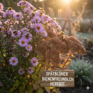 Astern oder Fetthenne als wichtige Spätblüher auf der bienenfreundliche gartenpflanzen liste für den Herbst.