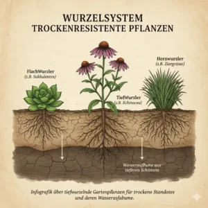 Infografik über das tiefe Wurzelsystem typischer Gartenpflanzen für trockene Standorte.