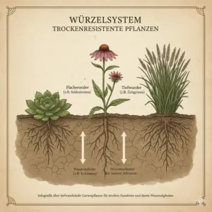 Gestaltungsidee für einen Steingarten mit spezialisierten Gartenpflanzen für trockene Standorte.