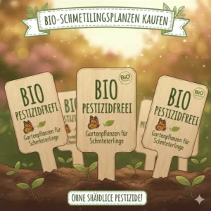 Detailaufnahme von Bio-Pflanzenetiketten. Achten Sie darauf, gartenpflanzen für schmetterlinge kaufen Sie am besten pestizidfrei.