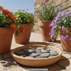 Eine Insektentränke platziert zwischen bienenfreundliche kübelpflanzen für terrasse.