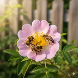 Eine heimische Wildrose als natürliche bienenfreundliche sträucher für garten im Naturgarten.