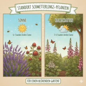 Eine Illustration, die den idealen, sonnigen Standort zeigt. Bevor Sie gartenpflanzen für schmetterlinge kaufen, prüfen Sie den Standort.