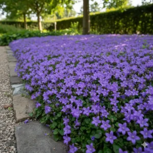 Dichte violette Glockenblumen als mehrjährige gartenpflanzen pflegeleicht für die Bodenabdeckung.